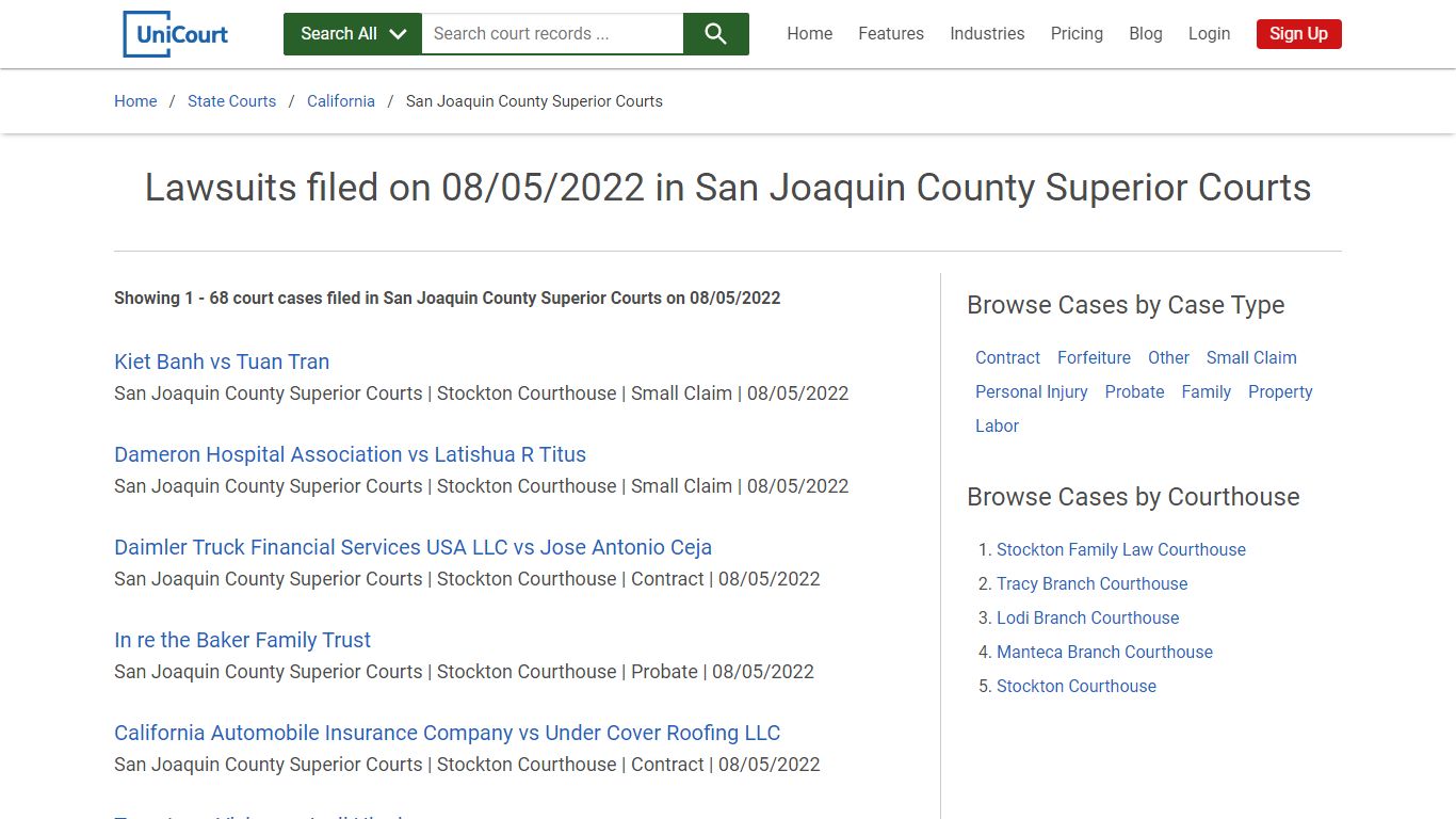 Lawsuits filed on 08/05/2022 in San Joaquin County Superior Courts